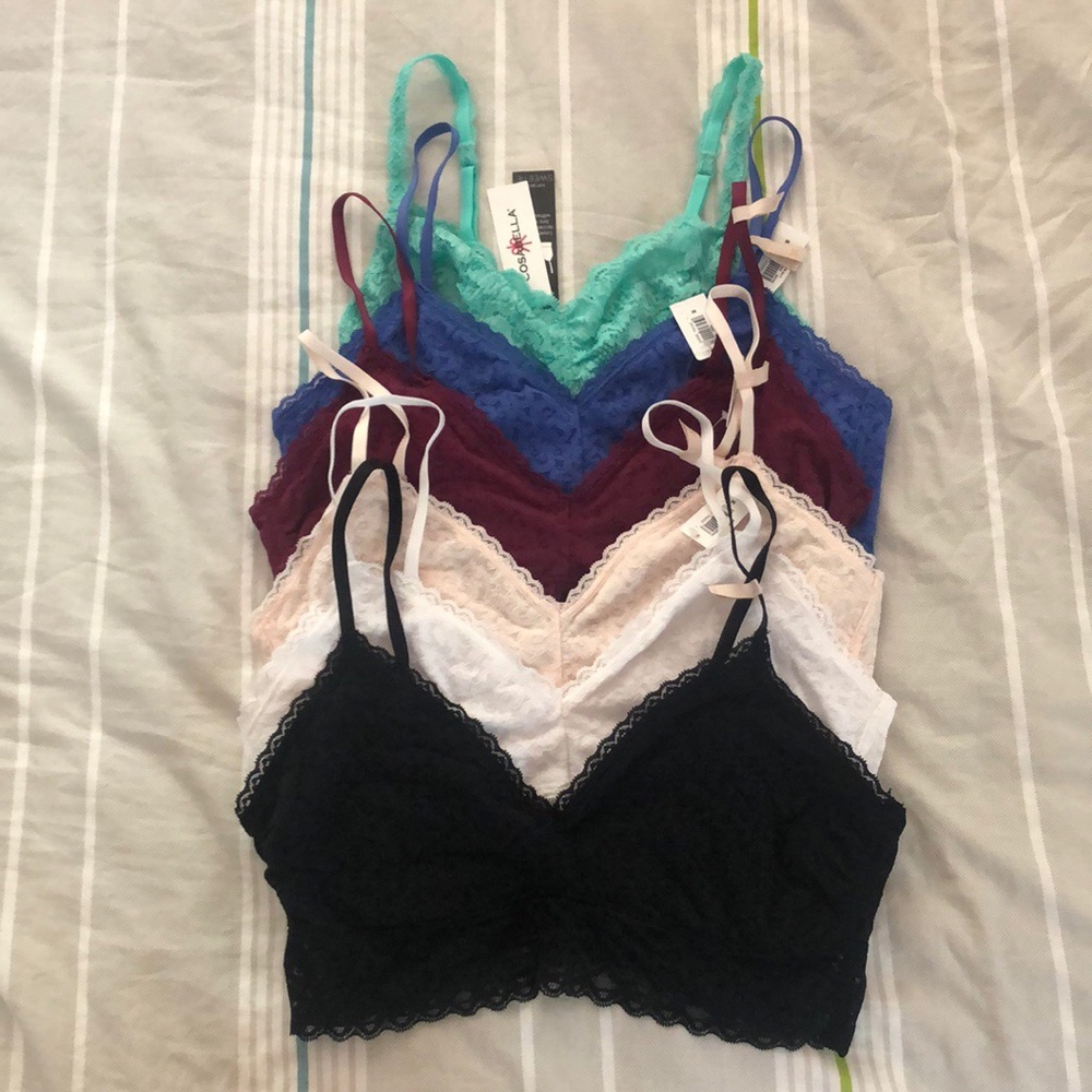 Ballet, maroon, white, black and teal Bralettes.